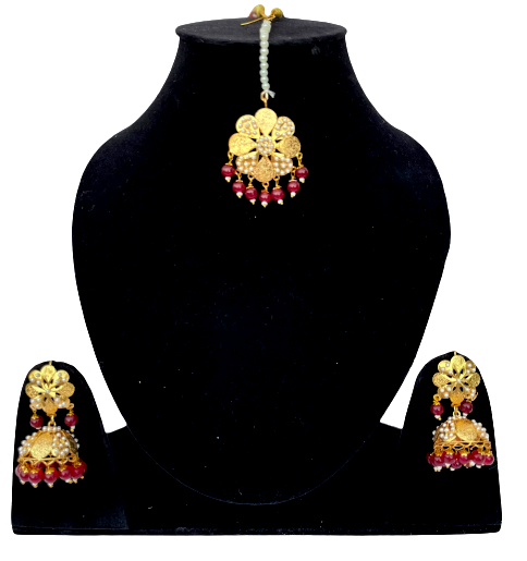 The Pretty Jadau Maang Tikka with Jhumkis - Maroon