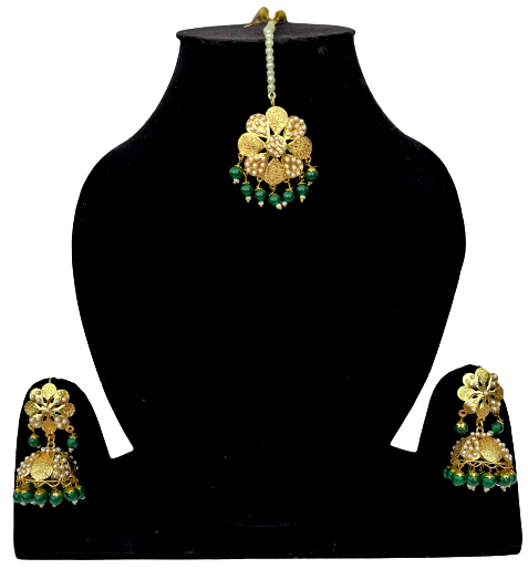 The Pretty Jadau Maang Tikka with Jhumkis - Green