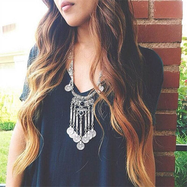 The Long Gypsy Coins Tassel Necklace : Black