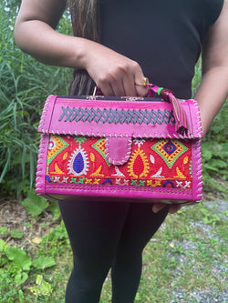 The Hand-Embroidered Leather Box Sling - Hot Pink