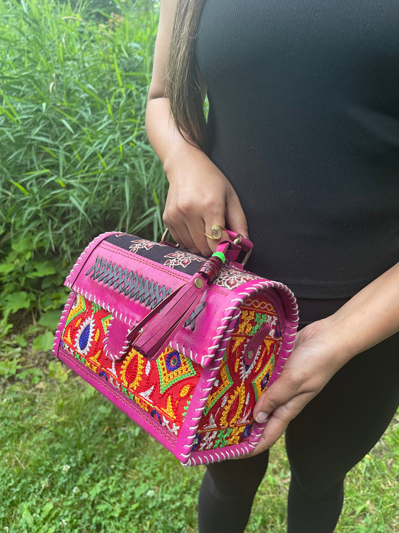 The Hand-Embroidered Leather Box Sling - Hot Pink