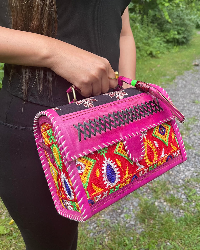 The Hand-Embroidered Leather Box Sling - Hot Pink