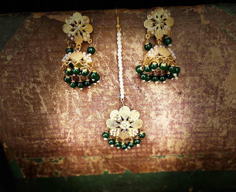 The Pretty Jadau Maang Tikka with Jhumkis - Green